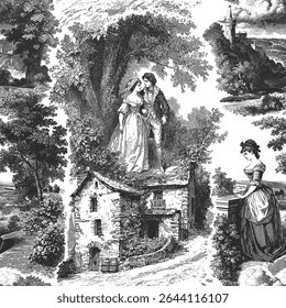 Padrão de vetor sem costura com cenas românticas e paisagens europeias com castelos, florestas, colinas e vales. Ilustração estilo de gravação vintage.