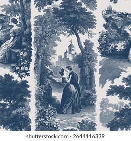 Seamless vector pattern with romantic scenes and European landscapes with castles, forests, hills and valleys. Vintage engraving style illustration.