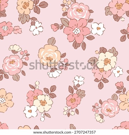 Seamless vector pattern with romantic summer flowers. Hand drawn floral design on isolated background. Perfect for textile, wallpaper or nursery print design. 