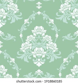 Seamless Vector Pattern With Romantic White Lilies On Green Background. Rococo Damask  Floral Wallpaper Design. Victorian Style Fashion Textile.
