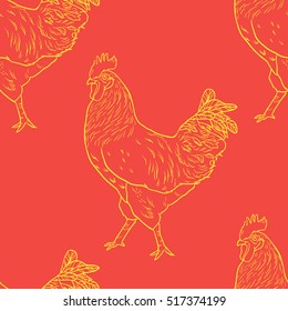 Seamless vector pattern with rooster. 2017 Symbol. Chinese calendar. Vector outline for New Year's design.