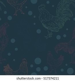 Seamless vector pattern with rooster. 2017 Symbol. Chinese calendar. Vector outline for New Year's design.