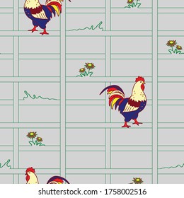 Seamless vector pattern with rooster on light blue background. Beautiful farm house wallpaper design with cock. Squares and bird fashion textile.