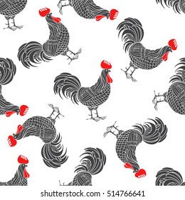 Seamless vector pattern with rooster silhouette on a white background. Rooster- animal symbol of new year 2017. 