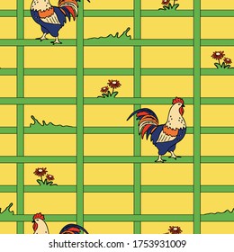 Seamless vector pattern with rooster and squares on yellow background. Colourful cock bird wallpaper design for farm house. Beautiful creative fabric fashion.