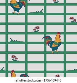 Seamless vector pattern with rooster and squares on light blue background. Beautiful farm house wallpaper design with cock bird. Repeat kitchen fashion fabric.