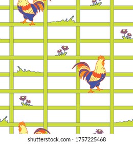 Seamless vector pattern with rooster and yellow green squares on white background. Farm house wallpaper design with cock. Bird fashion fabric style.