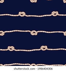 Seamless vector pattern with rope knot on blue background. Simple horizontal tightrope wallpaper design. Decorative marine fashion textile.