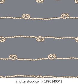 Seamless vector pattern with rope knot on grey background. Simple horizontal thread wallpaper design. Decorative braided cord fashion textile.