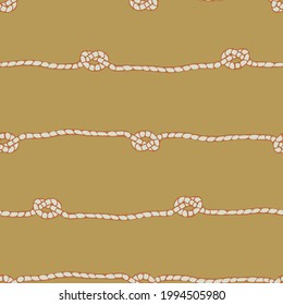 Seamless vector  pattern with rope knot on yellow background. Simple horizontal thread wallpaper design. Decorative fashion textile.