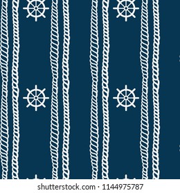 Seamless vector pattern with ropes and handwheel. Sailing, summer, sea backdrop. Navy blue. 