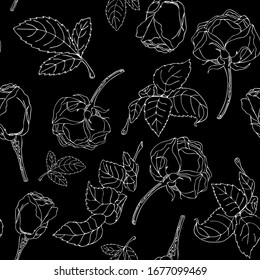 Seamless vector pattern of rose flowers and leaves on a black background. Perfect for wallpaper, wrapping paper, test, design, greeting card.