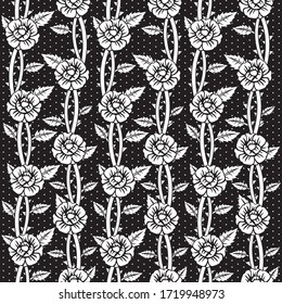 Seamless vector pattern with rose flowers and stems with leaves and thorns