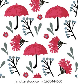 Seamless vector pattern. Rose hips, umbrellas, leaves and branches on a white background. Scandinavian design. Northern nature.