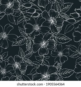 Seamless vector pattern with rosehip flowers. White outline drawings on a dark background. Every element is on a different layer. Print design for ceramic tiles, fabric, wallpaper, textile, wrapping 
