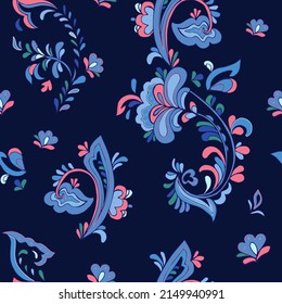 Seamless vector pattern with rosemaling. Hand drawn illustration. Background for greeting card, website, printing on fabric, gift wrap, postcard and wallpapers. 