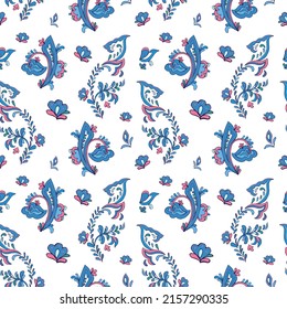 Seamless vector pattern with rosemaling. Hand drawn illustration. Background for greeting card, website, printing on fabric, gift wrap, postcard and wallpapers. 