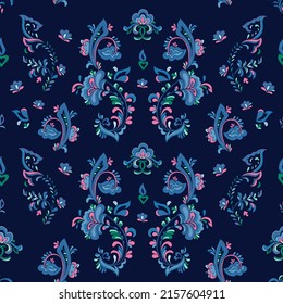 Seamless vector pattern with rosemaling. Hand drawn illustration. Background for greeting card, website, printing on fabric, gift wrap, postcard and wallpapers. 