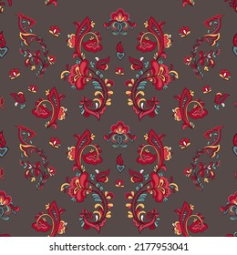 Seamless vector pattern with rosemaling. Hand drawn illustration. Background for greeting card, website, printing on fabric, gift wrap, postcard and wallpapers. 