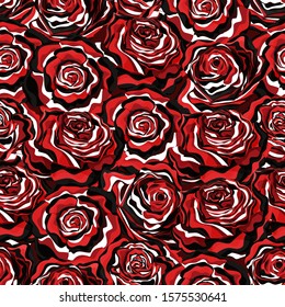 Seamless vector pattern with roses in black, white and red artistic style. Decoration design of vintage flowers. Floral artwork illustration