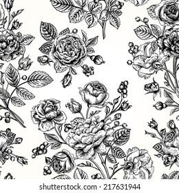 Seamless vector pattern with roses. Black and white. Vintage vector illustration.