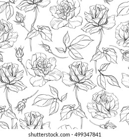 Seamless vector pattern with roses. Black and white floral background with  sketch of roses.