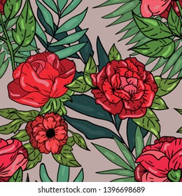 Seamless vector pattern with roses and blossom, leaf and tropical leaves on grey background. Cute wrapping paper pattern. Wallpaper, textile and fabric design. Good for printing. Floral pattern.