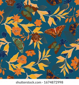 Seamless vector pattern with roses and daffodils flowers. Illustration with colorful butterflies and ochre leaves on a indigo blue background.
