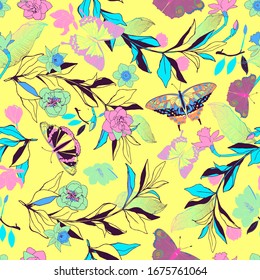 Seamless vector pattern with roses and daffodils flowers. Illustration with colorful butterflies and leaves on a yellow background.