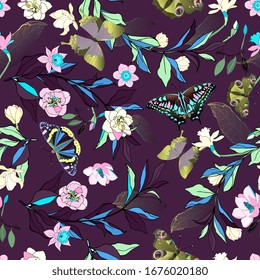 Seamless vector pattern with roses and daffodils flowers. Illustration with colorful butterflies and leaves on a violet background.