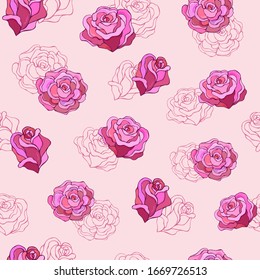 Seamless vector pattern of roses. Decoration print for wrapping, wallpaper, fabric, textile. Design for birthday, wedding, Valentine's Day, Mother's day, Women's Day and other holiday.
