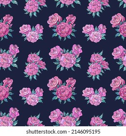 Seamless vector pattern of roses. Decoration print for wrapping, wallpaper, fabric, textile. Design for birthday, wedding, Valentine's Day, Mother's day, Women's Day and other holiday.