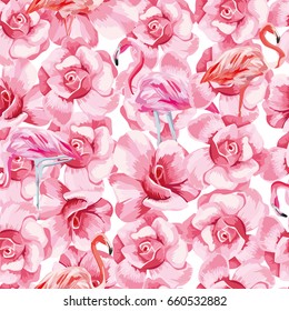 Seamless vector pattern of roses and exotic tropical bird pink flamingo. Beach vintage wallpaper on white background