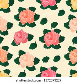 Seamless vector pattern with roses on a light background.