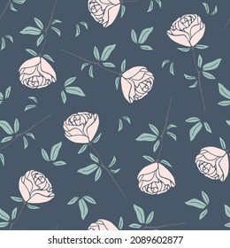 Seamless vector pattern with roses on pastel blue background. Simple romantic floral wallpaper design. Decorative valentines day fashion textile.