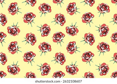 Seamless vector pattern with roses on yellow background. Floral design for printing on textiles, fabrics, covers, paper and other surfaces.