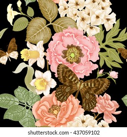 Seamless vector pattern with roses, peonies, daffodils, hydrangea, butterfly. Design of flowers, leaves, insects, vintage style. Illustration of floral decoration on a black background.