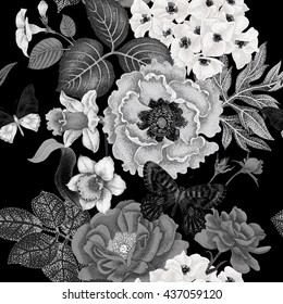 Seamless vector pattern with roses, peonies, daffodils, hydrangea, butterfly. Design of flowers, leaves, insects, vintage style. Illustration of floral decoration, black and white background.