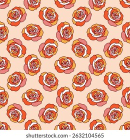Seamless vector pattern with roses in pink, red and orange palette. Vivid design for printing on textiles, fabrics, covers, paper and other surfaces.