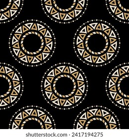 Seamless vector pattern with round color geometric round shapes, decorative motifs. Seamless color vector background. Beige and brown color shapes isolated on black background.