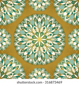 Seamless vector pattern with round elements. Ornament of emerald mandala on gold background.