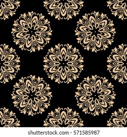 Seamless vector pattern with round floral geometrical elements, gold on black background.