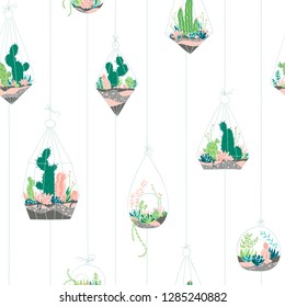 Seamless vector pattern. Round and geometric Glass terrarium with a set of succulents and cactus.