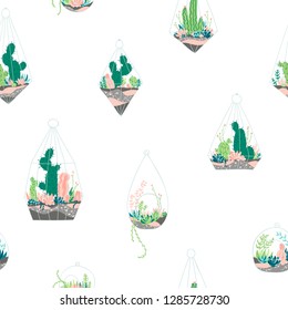 Seamless vector pattern. Round and geometric Glass terrarium with a set of succulents and cactus.