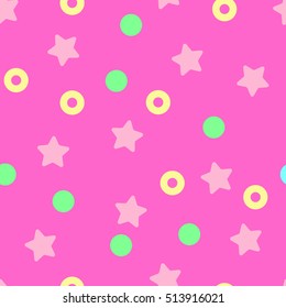 Seamless vector pattern with rounds and stars on pink for wrapping, kraft, cards, print, fabric