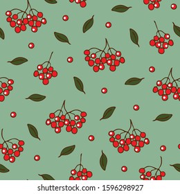 Seamless vector pattern with rowan berries and leaves on light green background. Simple berry repeat design for wallpaper, fabric, Christmas.