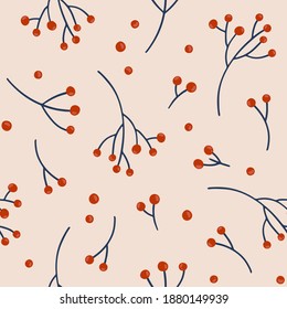 Seamless vector pattern with rowan berries. Floral hand drawn background for winter holidays, Christmas design. Botanical pattern in flat style for wrapping paper and textile