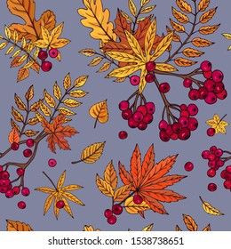 Seamless vector pattern with rowan berry branches on a light background. Autumn background with red berries and leaves. It can be used for websites, packing of gifts, fabrics, wallpapers. 