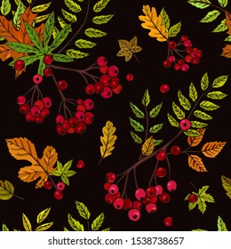 Seamless vector pattern with rowan berry branches on a dark background. Autumn background with red berries and leaves. It can be used for websites, packing of gifts, fabrics, wallpapers.