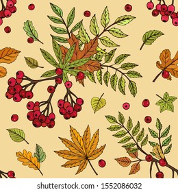  Seamless vector pattern with rowan berry branches on a light background. Autumn background with red berries and leaves. It can be used for websites, packing of gifts, fabrics, wallpapers. 